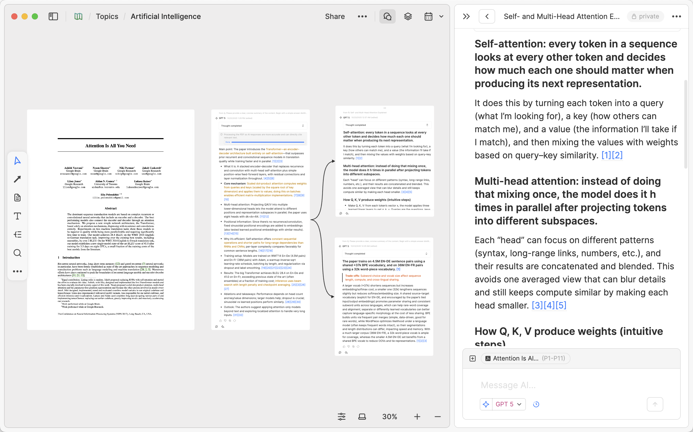 AI collaboration overview with whiteboard, cards, and PDF