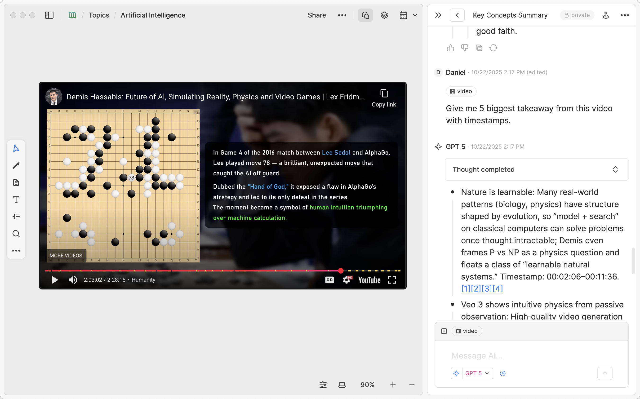 YouTube video with AI chat panel